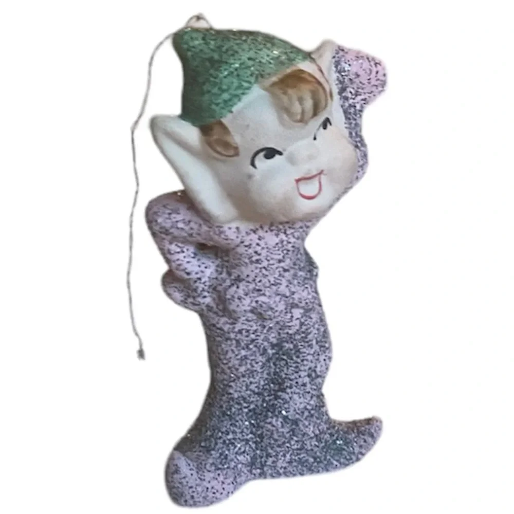 Vintage Christmas Ornament Pixie Elf Antique Japan Pink Mica Glitter 40’s 50’s
